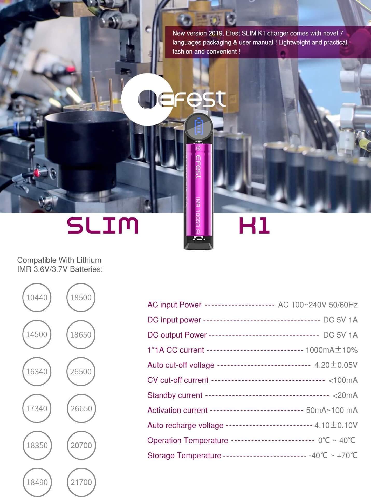 Efest Slim K1 cargador USB compacto para baterías Li-Ion con especificaciones técnicas